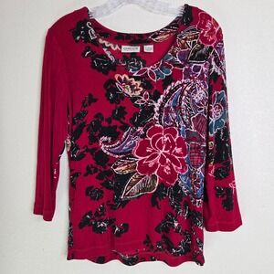 Chicos Travelers Top 0 Small Red Floral Paisley Art Travel Boho 90s‎